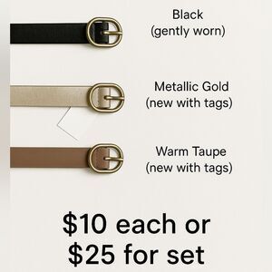 Set of 3 Belts | Faux Leather | Gold, Brown & Black | Gold Buckles | Size Small